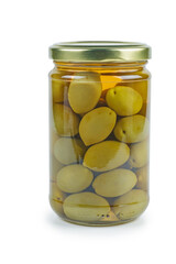 Glass jar with pickled olives isolated on white background