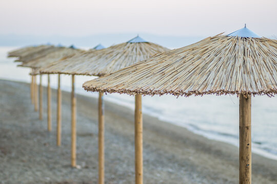 Evia island, Greece - June 28. 2020: Sandy beach in the morning on the island of Evia, Greece 