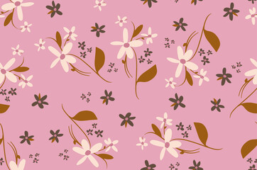 Abstract Hand Drawing Spring Ditsy Flowers and Leaves Repeating Vector Pattern Isolated Background