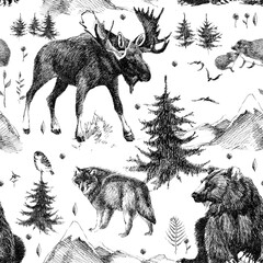 naadloos patroon met Scandinavische bossen en wilde dieren. handgetekende ontwerplijnafbeeldingen. mode textielontwerp monochrome kleur.