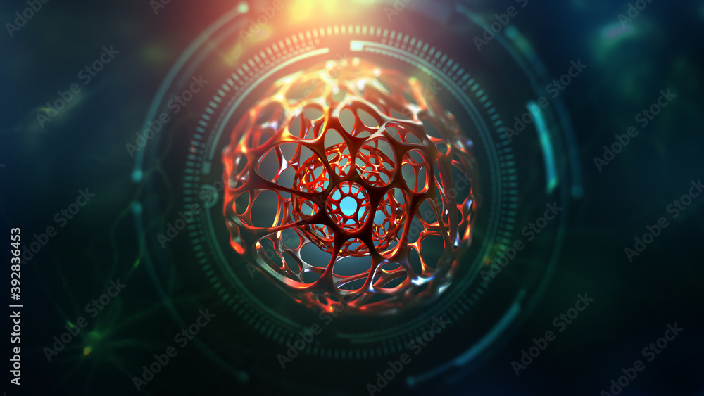 Poster AI. Future processor. Quantum CPU in nanotech computer network. 3d illustration of digital cyberspace with abstract neural network