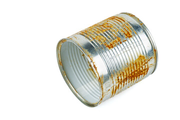 Old empty rusty tin can on white background