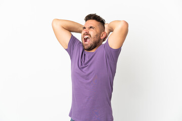 Caucasian man isolated on white background stressed overwhelmed