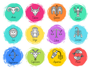 Twelve astrological signs. Icons of aquarius and gemini, virgo and scorpio, cancer and taurus, aries and libra, leo and pisces, capricort and sagittarius. Vector illustration of zodiacs in flat style