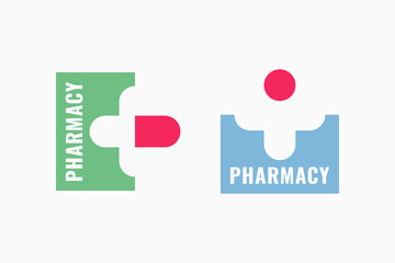 Pharmacy logo set with capsule pill on white