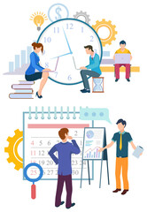 Woman on pile of books working with laptop. Man on hourglass. Time management and procrastination concept, planning and strategy vector illustration