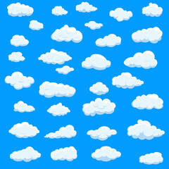 White cartoon clouds set isolated on blue background. Collection of different cartoon clouds for background template, wallpaper and sky design. Cartoon clouds vector. Sky illustration