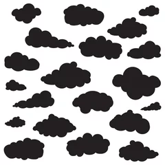 Poster Im Rahmen Black cartoon clouds set isolated on white background. Collection of different cartoon clouds for background template, wallpaper and sky design. Cartoon clouds vector. Sky illustration © Marinko