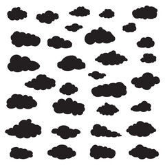 Black cartoon clouds set isolated on white background. Collection of different cartoon clouds for background template, wallpaper and sky design. Cartoon clouds vector. Sky illustration
