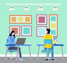 Women workers using laptop, people on workplace indoor. Office decorated by picture, lamp and desktop with wireless device, employee with computer vector