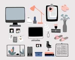 Cozy home accessories kit. Fluffy slippers, stationery, calendar lamp. Doodle computer monitor, lamp and cat vector set