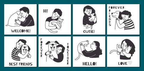 Cute cards with hugging people. Pets owner hold cat dogs. Funny animals vector banners
