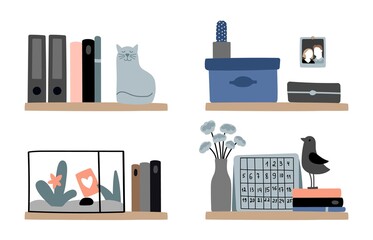 Diverse bookshelves. Home bookshelf decorations, cozy scandinavian interior design elements. Books, flower cat boxes vector set