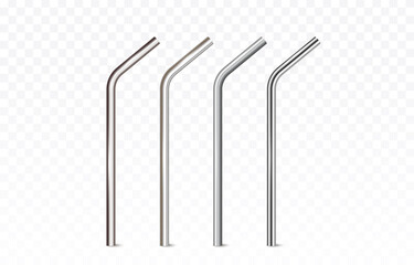 Straws set isolated on transparent background. Stainless, steel, aluminum or silver pipes. Vector 3d eco reusable metal tubes