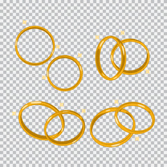 Gold wedding rings vector cartoon set isolated on a transparent background.