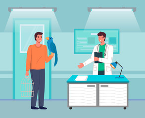 Male owner of blue big parrot at the reception at the vet. Doctor with a stethoscope and a folder in his hands. Treatment of pets and birds. Veterinarian s office with fluorescent lamps. Flat image