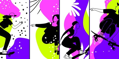Skateboarding characters. Neon banners, contemporary urban style girls flyers. Modern decorative cards vector design