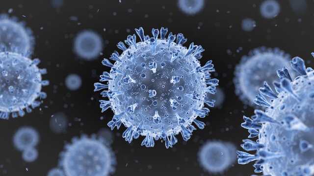 Microscopic View Corona Virus Covid 19 SARS-CoV-2 China Wuhan Pandemic - 3d Rendering