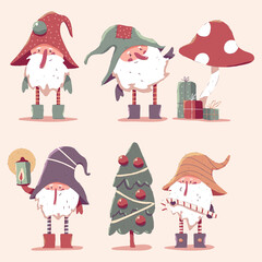 Cute Christmas dwarf vector cartoon characters set isolated on background.