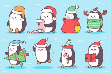 Cute Christmas penguins characters vector cartoon set isolated on background.