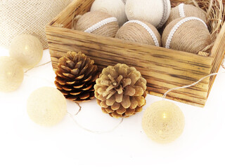Natural Wrapped cotton Balls for christmas. Baubles from jute twine. Beautiful decoration in natural style for Xmas.Handicraft. Christmas Ornament Rustic Eco friendly christmas.