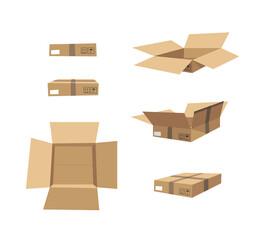 Fototapeta premium Carton Open and Closed Recycling Boxes Set. Cartoon Style Illustration Delivery Packaging. Flat Graphic Design Forwarding Clip Art. Vector Collection Mockup Isolated on White Background