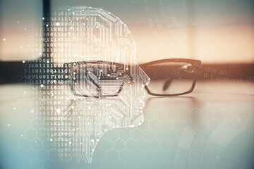Brain drawings with glasses on the table background. Double exposure.