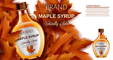 Bottle of naturally sweet maple syrup submerged in autumnal leaves. Place for text. Realistic 3D mockup product placement - obrazy, fototapety, plakaty