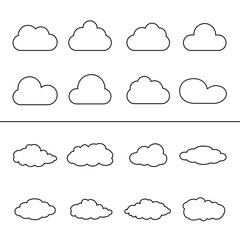Outline cloud icons set isolated on white background. Collection of different black clouds. Cartoon contour icons for web site, background template, wallpaper and sky design. Clouds thin line vector
