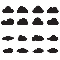 Black cartoon clouds set isolated on white background. Collection of different cartoon clouds for background template, wallpaper and sky design. Cartoon clouds vector. Sky illustration