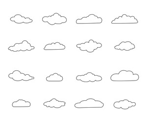 Outline cloud icons set isolated on white background. Collection of different black clouds. Cartoon contour icons for web site, background template, wallpaper and sky design. Clouds thin line vector