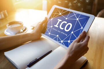 ICO - Initial coin offering. Blockchain and financial technology concept.
