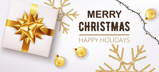 White christmas box with ribbon and golden decorations and festive lights in background. Happy holidays. Realistic 3D mockup product placement