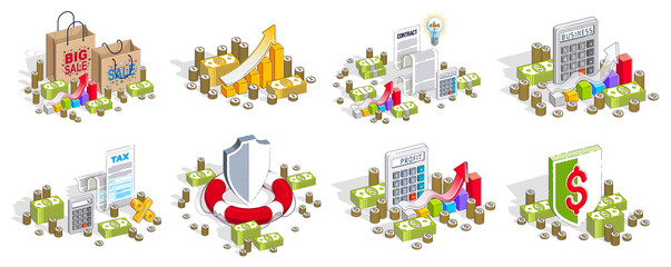 Different finance concepts illustrations 3D vector set isolated on white background, business and money conceptual designs collection, savings, bank, contract, income, safety, online.
