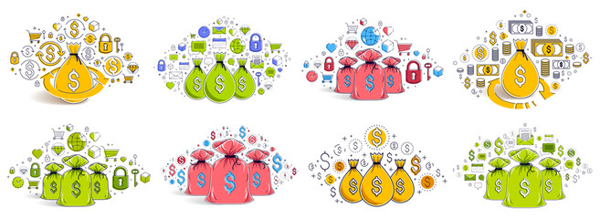 Moneybag vector illustrations set with a lot of different signs and symbols, personal finance or savings concept collection.