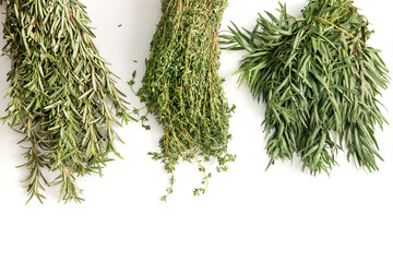 Thyme Rosemary Tarragon fresh garden herbs isolated on white background