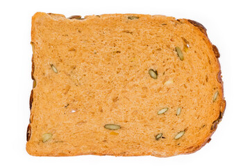 Bread slice with adding pumpkin seeds and juice, top view