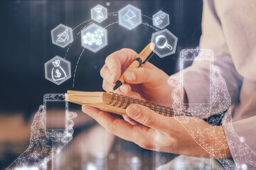 Close up of human hands background and abstract innovative technologies for industries. Multi exposure.