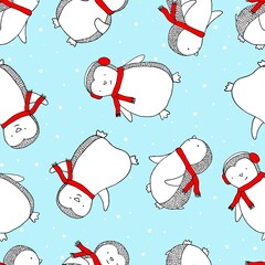 Seamless festive print with penguins and snow. Funny print for winter clothes and elements design.