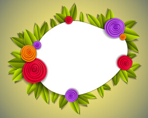 Background with flowers and leaves paper cut style, copy space for text, vector floral illustration. Wedding invitation or romantic greeting card.