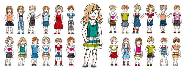 Cute little child girls in different casual wear standing in full length and posing vector illustrations isolated big set, happy beautiful kids drawings collection, people diversity children.