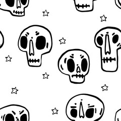 Seamless pattern with Hand drawn cartoon skull. Funny cartoon skull. Vector illustration.