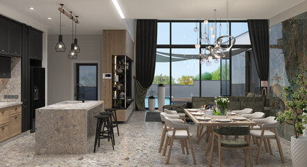 Contemporary style living room arranging and apartment’s layout, 3D illustration