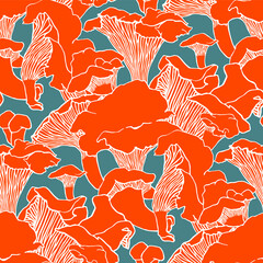Seamless pattern with forest wild mushrooms. Graphic print with chanterelles. Hand drawn texture for fabric and textile industry. Orange objects on a blue background. © Iana