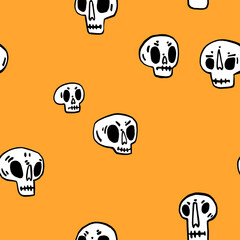 Seamless pattern with Hand drawn cartoon skull. Funny cartoon skull. Vector illustration.