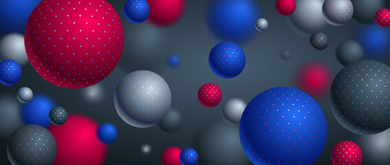 Abstract dotted spheres vector background, composition of flying balls decorated with dots, 3D mixed realistic globes, realistic depth of field effect.