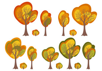 Autumn tree set. Fall forest landscape design elements with colorful trees and bushes. Vector illustration.