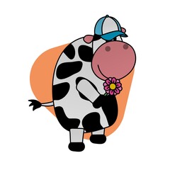 Illustration of Cow Wearing a Hat While Holding a Flower Cartoon, Cute Funny Character, Flat Design