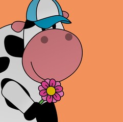Illustration of Cow Wearing a Hat While Holding a Flower Cartoon, Cute Funny Character, Flat Design