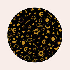 Outer space. Golden stars, planets, comets, the sun. Vector illustration in a flat style.
